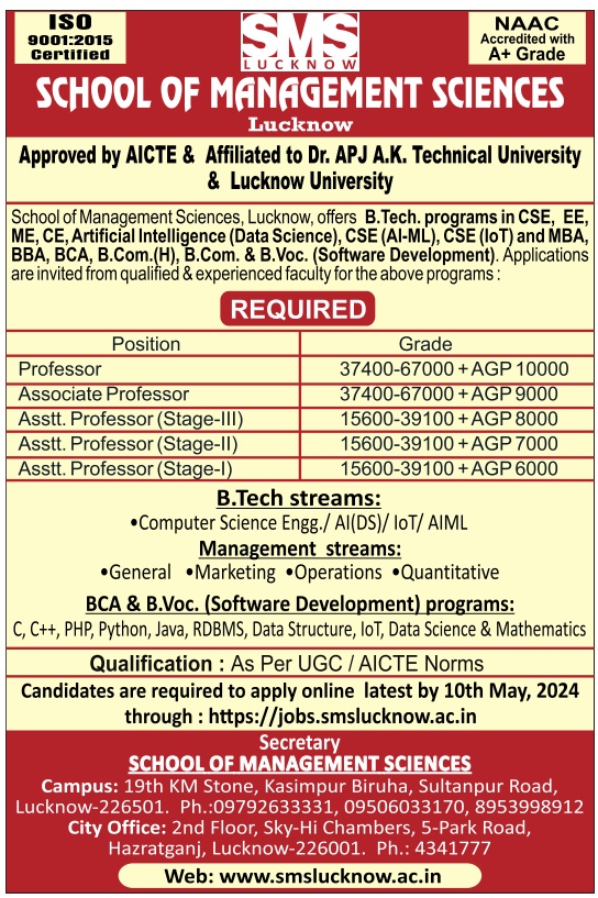 SMS LUCKNOW Professor Recruitment 2024